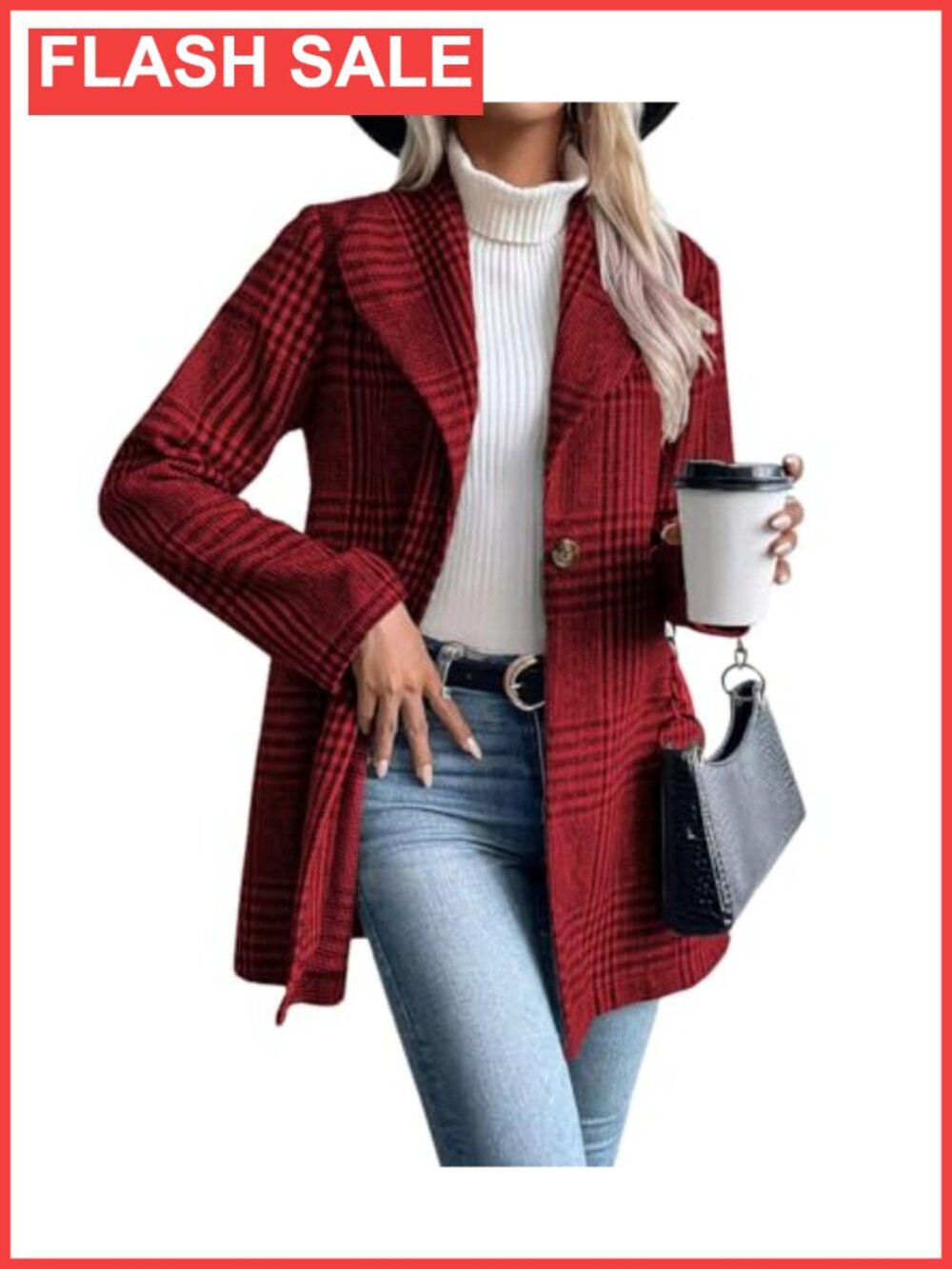 Wool Blend Plaid Blazer Coat Shawl Collar Trench Pea Coat